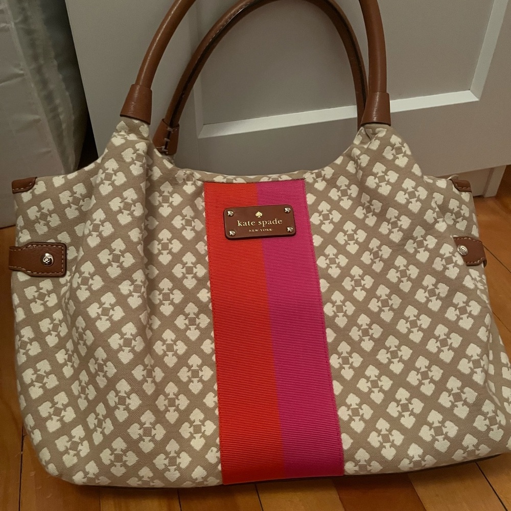 Kate Spade Tan Tote with Pink and Red Stripes
